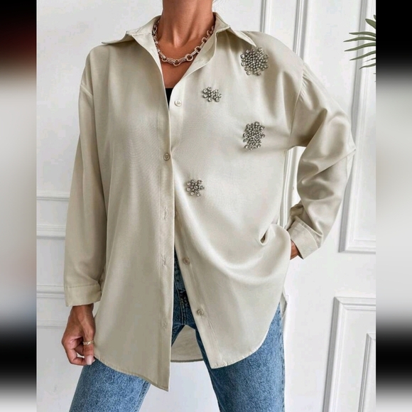 Rhinestone Detail Drop Shoulder Shirt - Picture 2 of 4